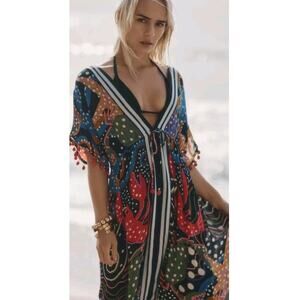 Farm Rio CoverUp Dress Lobster Tassels Pom Caftan Kimono Anthropologie Sz Medium
